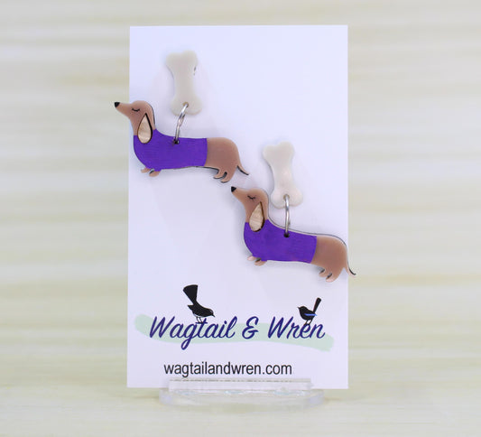 Sidney Sausage Dog And Bone Dangle Earrings