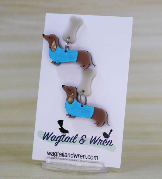 Sidney Sausage Dog And Bone Dangle Earrings