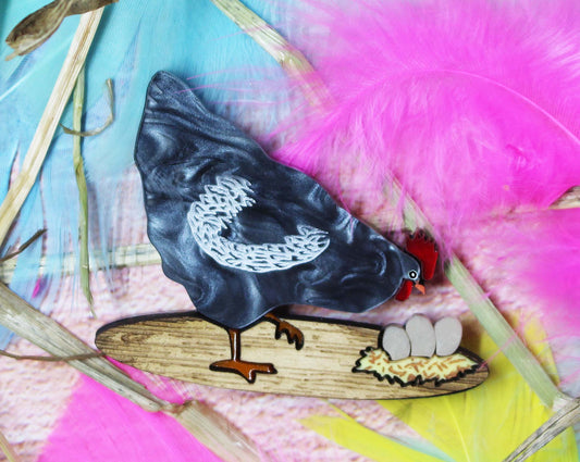 Easter Chicken Brooch - Black/Grey