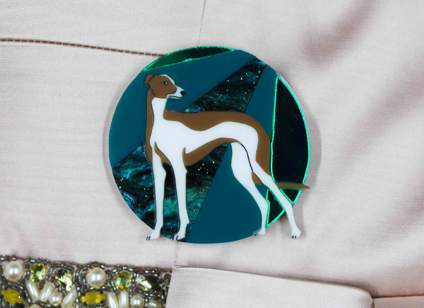 Gus The Greyhound Green Deco Brooch