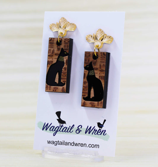 Tivali The Egyptian Cat Wood Acrylic Earrings