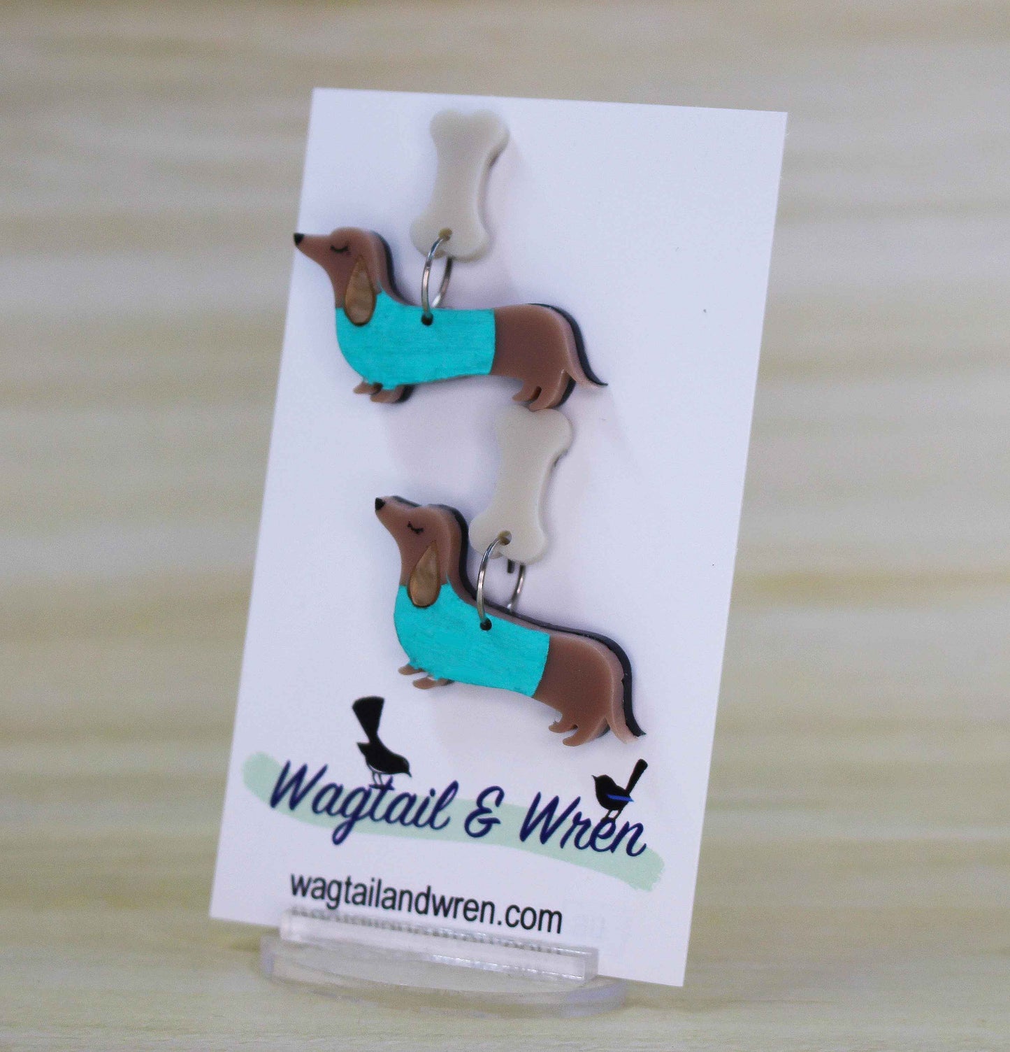 Sidney Sausage Dog And Bone  Dangle Earrings