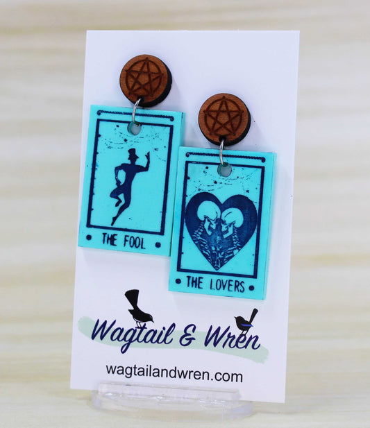 Green Tarot Card Earrings The Lovers And The Fool