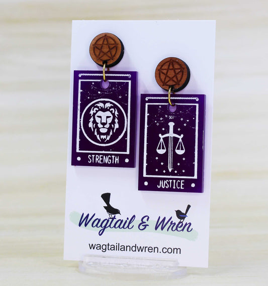 Purple Tarot Card Earrings Strength And Justice